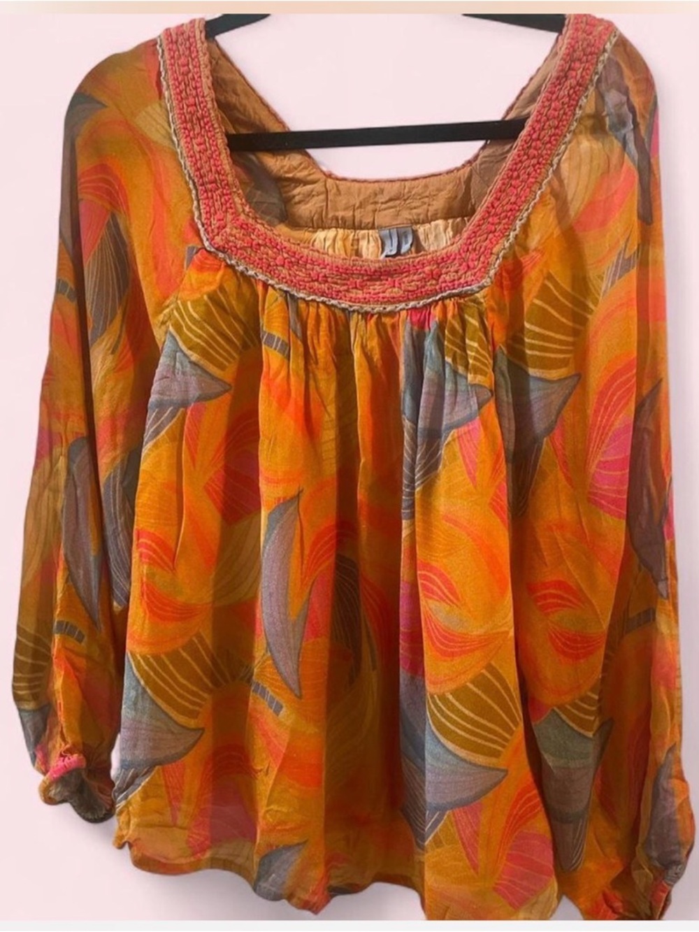 Women's Boho Smocked Square-Neck Tunic in Mustard and Coral